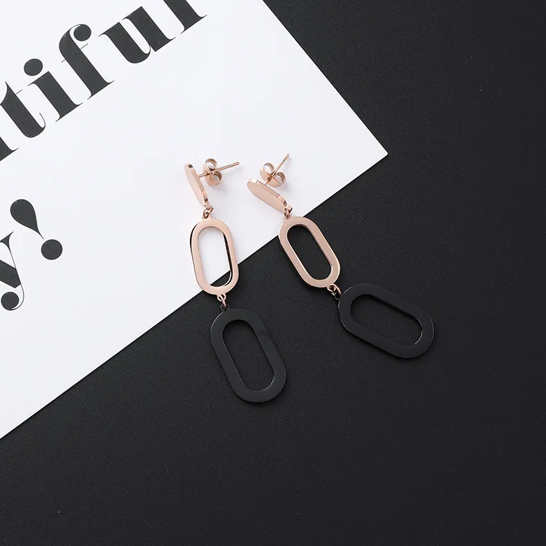 New Listing Geometric Titanium Steel long Tassel Girl Earrings gold Stainless Steel Triangle leaf Girl Black Jewelry Earrings 1