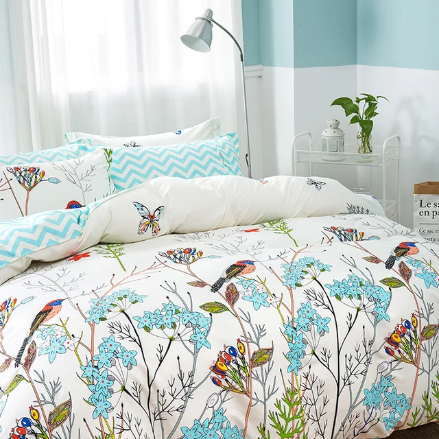 Floral Bird White Comforter Quilt Bedding Cover