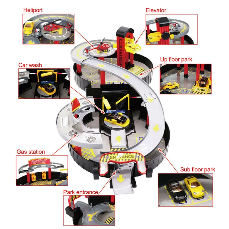 2018 спиральный ролик Rail сплава транспортных средств дети город парковка игрушечный гараж автомобиль Грузовик Авто 2 этажный Игровой Набор