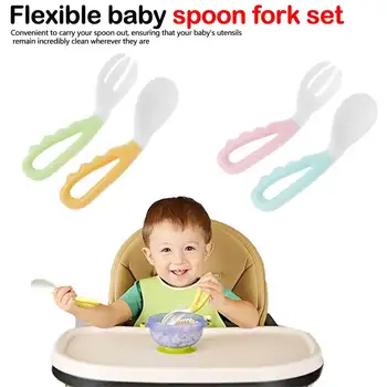 

Baby Pacifier Feeding Spoon Fork Curved Anti Slip Handle Children Eating Training Tableware Accessory 2Pcs