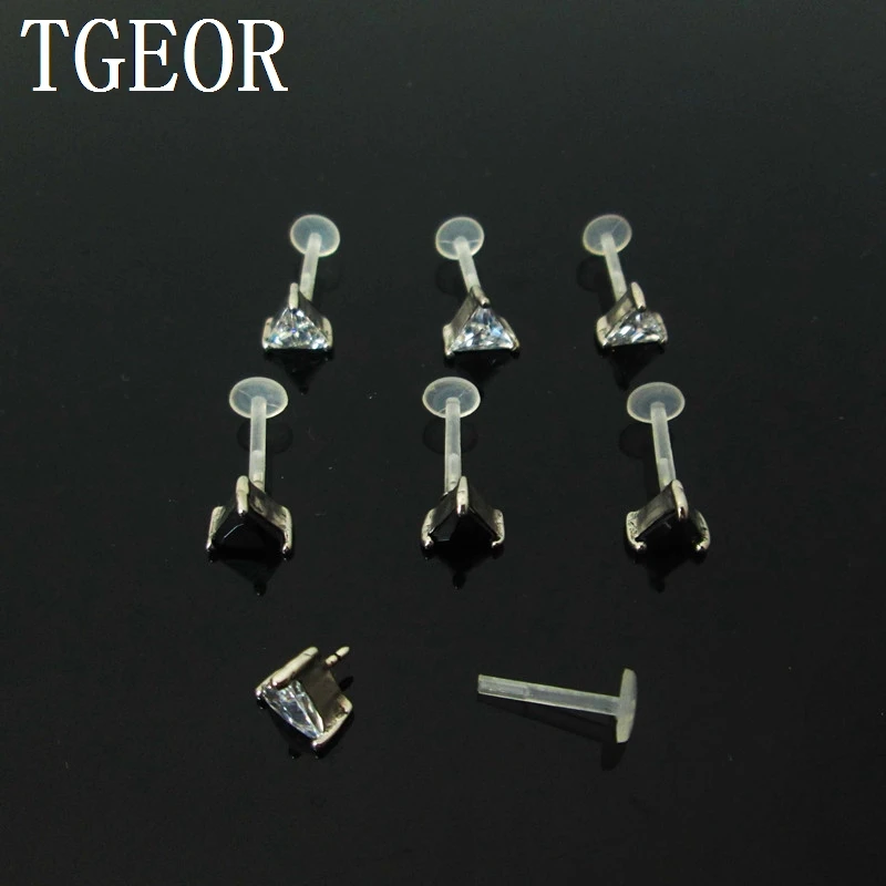 

NICE 16G flexible Transparent labret monroe piercing 1 pair PTFE Triangle CZ zircon snap in piercing labret ring