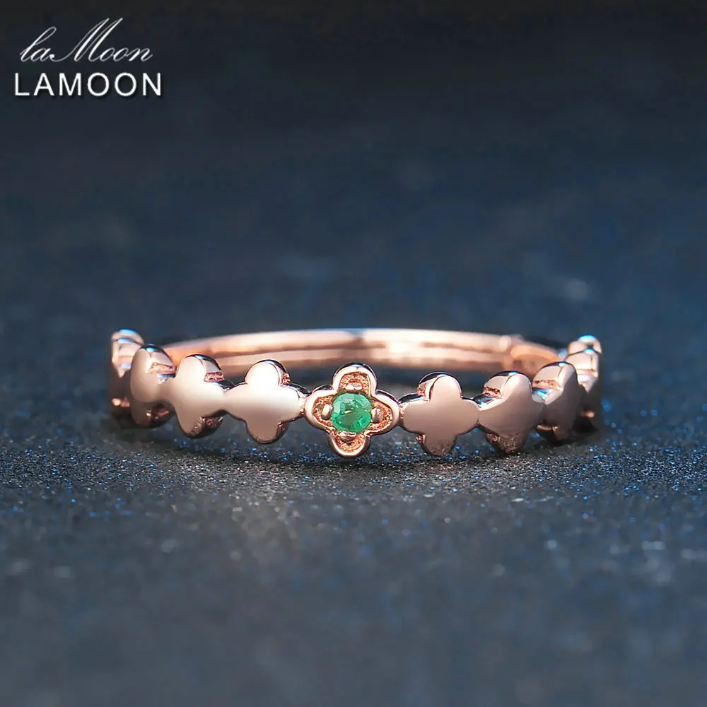 LAMOON 2017 New Romantic Real Natural Round Green Emerald Clover S925 Rings 925-Sterling-Silver Jewellry for Women Girl LMRI058