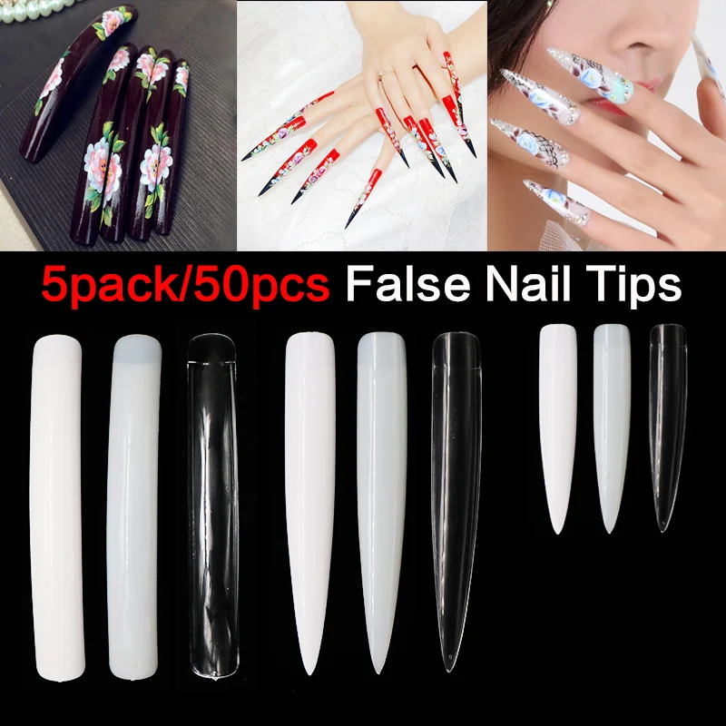 

YZX 5pack 50pcs Natural White Clear Acrylic False Nail Tips Long / Short UV Gel Sharp Manicure Build Nail Art Salon Fake Nails