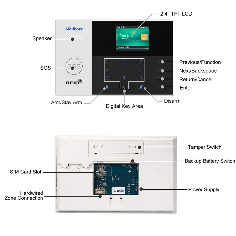 Marlboze Wi-Fi GSM GPRS Сигнализация приложение дистанционное управление RFID карта Arm снятие с цветным экраном кнопка SOS языки переключаемые