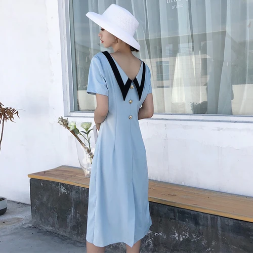 Blue Dress Summer 2018 Korean Style Vintage Buttons V Neck Short Sleeve ...
