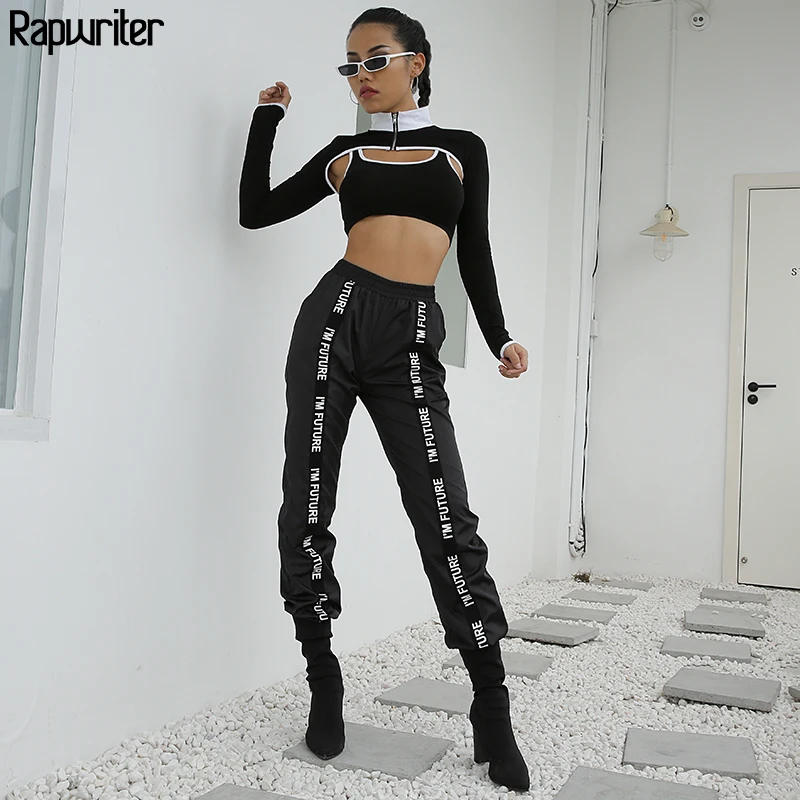 

Rapwriter Casual Panelled Letter Print Women Harem Pants 2018 New Autumn Stretch High Waist Streetwear Jogger Sweatpants Pocket