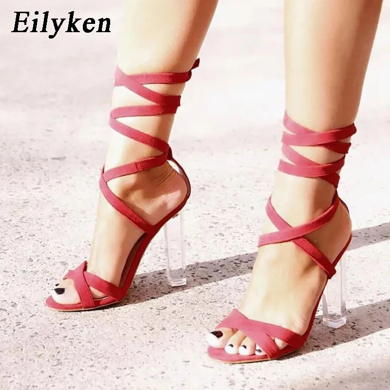 

Eilyken Women Sandals Ankle Strap Transparent Crystal High heels 12CM Fashion Gladiator Peep Toe Lace-Up Sandals Shoes