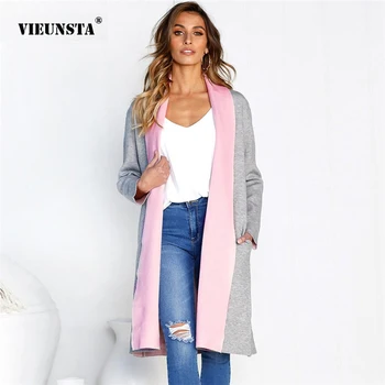 

VIEUNSTA 2018 Fashion Women Long Candy Color Patchwork Coat Autumn Winter Soft Open Stitch Coat Casual Thick Cardigan Outwear