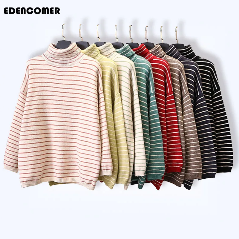 

Large Size Ladies' Loose Sweaters New 2019 Autumn Winters Turtleneck Striped Sweater Women's Clothing Tops Pullover Women