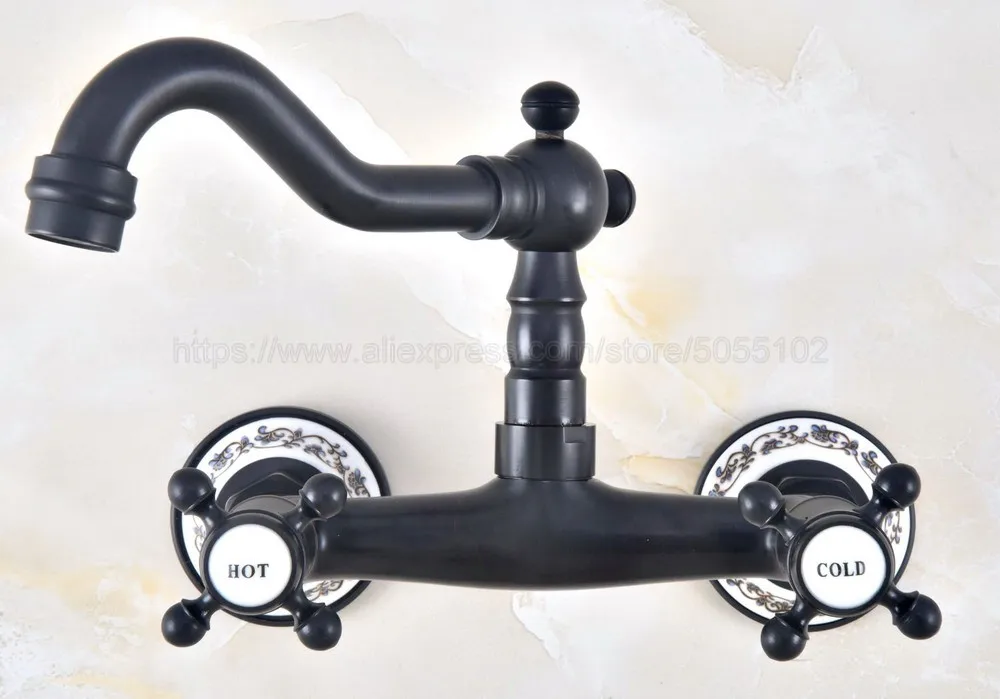 Oil Rubbed Bronze Wall Mounted Bathroom Sink Faucet Swivel Spout Bathtub Mixer Dual Handles znf461