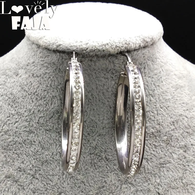 

2019 Stainless Steel Silver Color Earrings for Women Crystal Big Hoop Earrings Jewelry pendientes aros plata mujer E612574