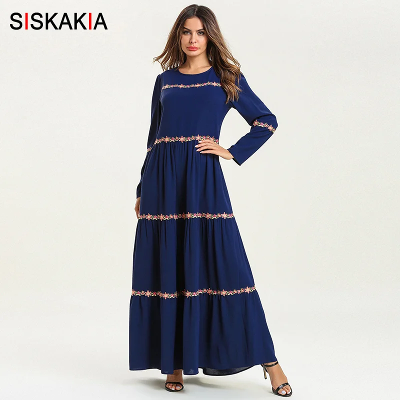 

Siskakia Muslim Ramadan Long Dress Navy Blue Round Neck Long Sleeve Maxi Dresses Ethnic Embroidery Ruffles Draped Swing Design