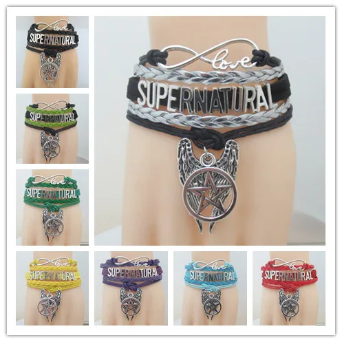 

fashion Infinity Love Supernatural Wrap Bracelet Pentagram Wings Charm Black Wax Suede Leather Bracelet Custom any Themes