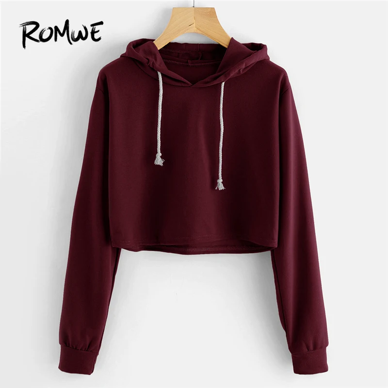  ROMWE Burgundy Drawstring Hooded Crop Sweatshirt Women Casual Tracksuit 2018 Autumn Plain Pullovers