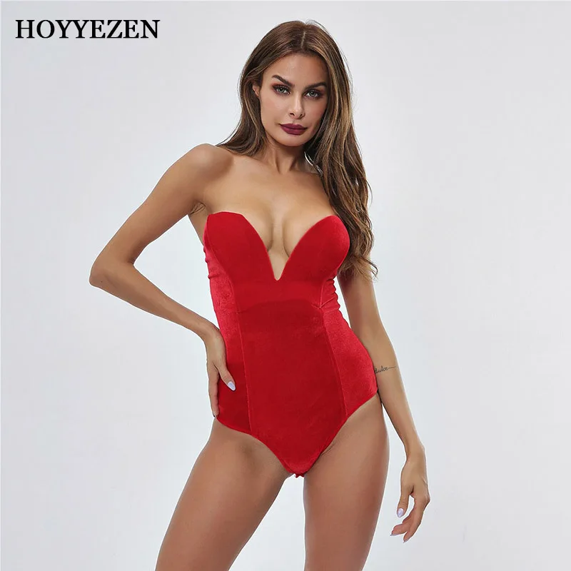 

hoyyezen New Arrival Velvet Lace Up Bodysuit Women Sexy V Neck Bodycon Tops Women Bandage jumpsuit