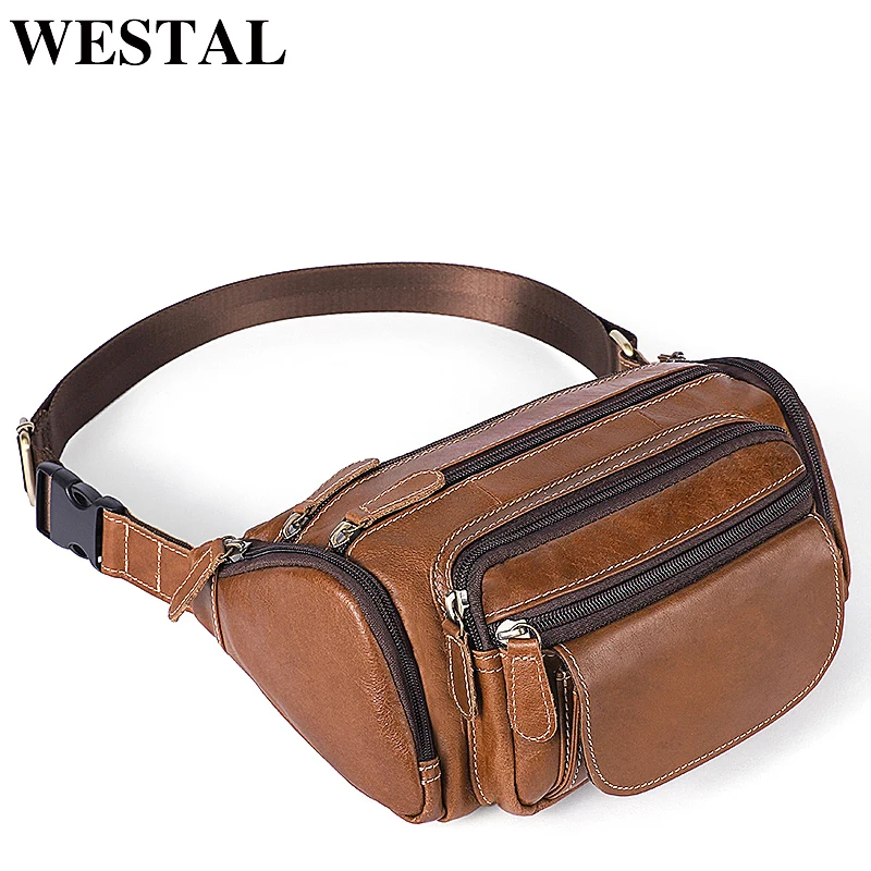WESTAL الرجال أكياس حزام جلد الخصر حزم السفر حزمة مراوح حقيبة بحزام الخصر أكياس الذكور جلد الحقيبة الكتف حقيبة ساعي بريد للرجال