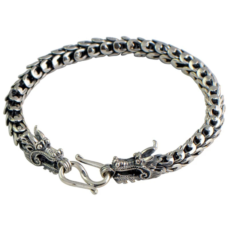 

925 Sterling Silver Vintage Thai Wide Heavy Retro Men Leading Dragon Scales Bracelets Punk Jewelry CH057016