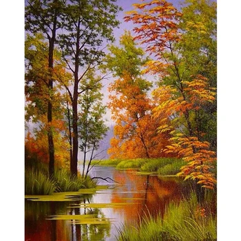 

5D DIY Round Diamond Embroidery Painting Cross Stitch Scenic Autumn Trees & Lake Home Decoration 3d Kit For Needlework KBL