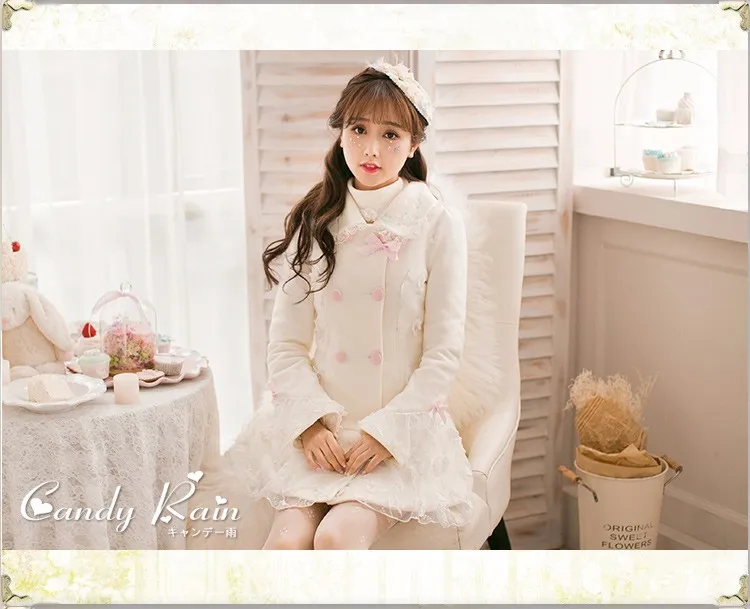 Принцессы Милые белые пальто конфеты Дождь Лук украшения Вышивка двубортный с лацканами аппликация японский дизайн C16CD6221