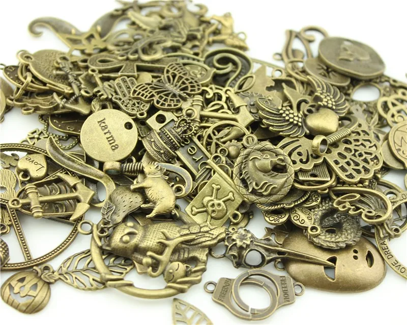 30pcs Mixed Wholesale Metal Alloy Charms Tibetan Silver Bronze Gold Charm Pendants Fits European Bracelets Jewelry Making
