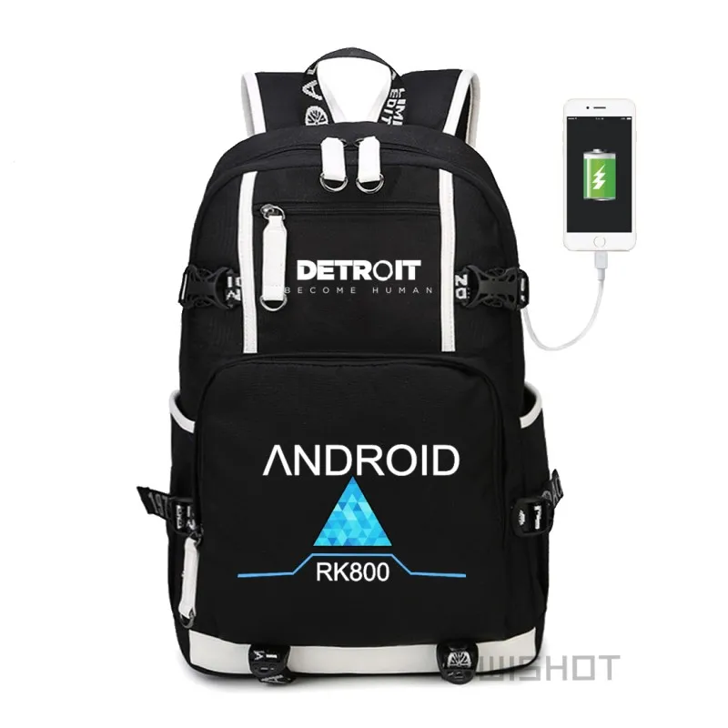 Рюкзак WISHOT detroit beke human rk800, сумка на плечо для путешествий, школьная сумка для подростков, Повседневная сумка для ноутбука с зарядкой через usb - Цвет: BLACK3
