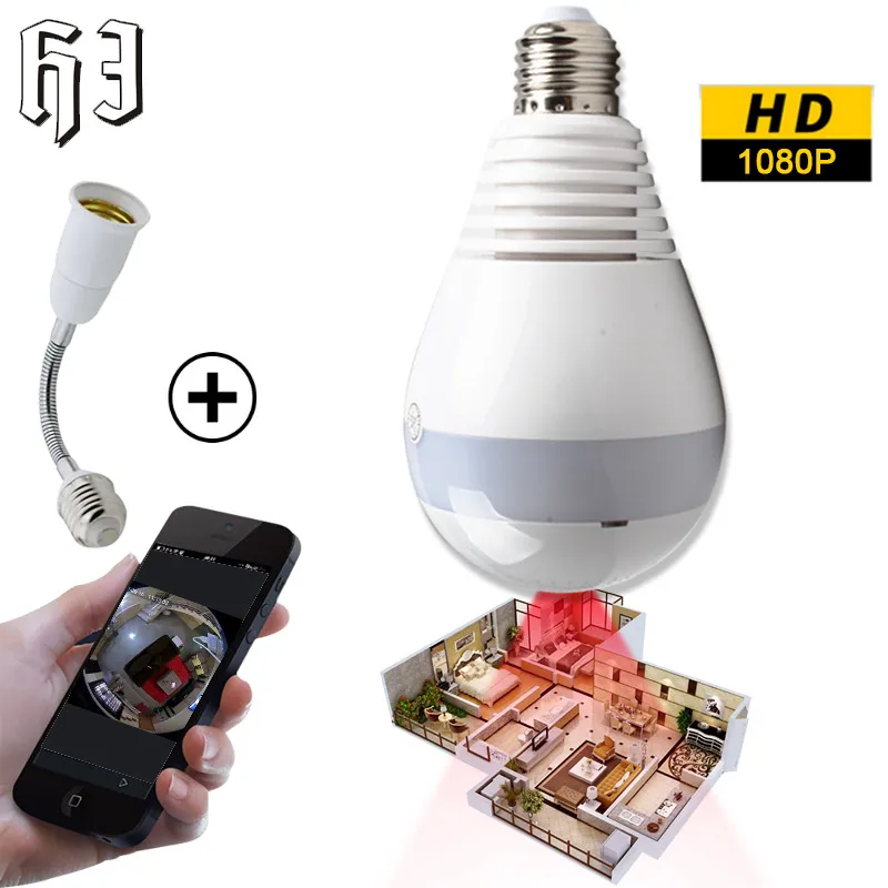 1080P 2.0MP Bulb Light Wireless IP Camera Wi fi FishEye 360 degree Mini