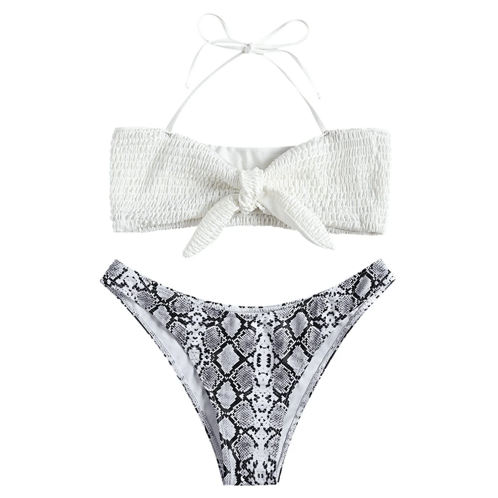 Women Tied Shirred Snakeskin Print Bikini Wire Free Padded Swimwear