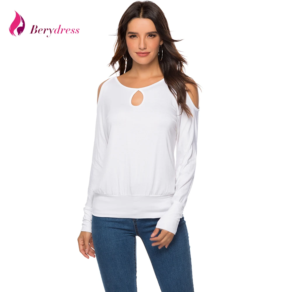 

Berydress Cold Shoulder O Neck Long Sleeves Hollow out Women's White T-Shirts Autumn Style Casual Keyhole Blue Shirts 2019