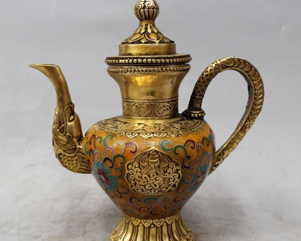 

8" Marked Chinese Cloisonne Purple Bronze Dragon Wine Tea Pot Flagon Statue