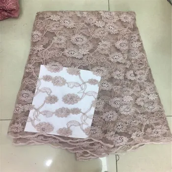 

2019 Latest Gold pink white French African Lace Fabric With beads High Quality African Tulle Lace Fabric For Wedding