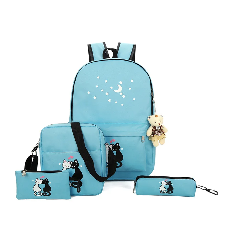 Женский рюкзак с рисунком кота; школьные сумки для девочек-подростков; рюкзак с принтом; 4 шт.; женский рюкзак; школьный рюкзак; водонепроницаемый рюкзак - Цвет: Небесно-голубой