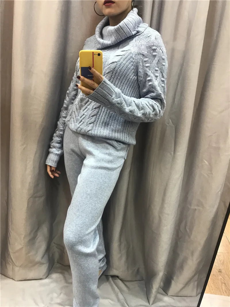 2021 Turtleneck Wool Full 2 Piece Suit Female New Thick High Collar Casual Cashmere Sweater And Pants Two Sets Of Women