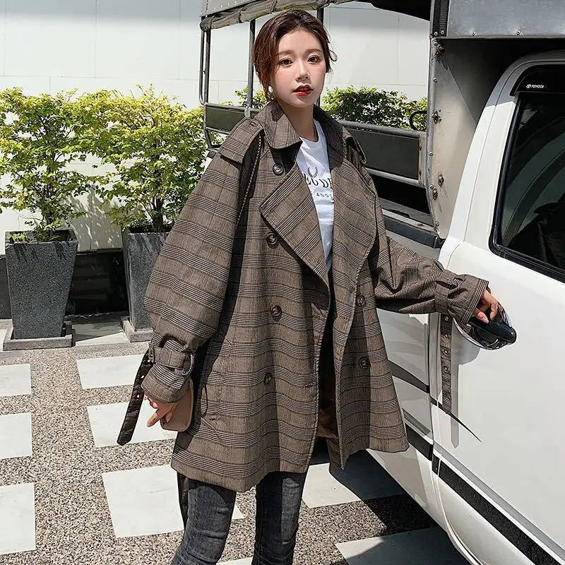 

TVVOVVIN Temperament Plaid Double-breasted Trench Coat For Women Autumn And Spring New 2019 Windbreaker Female C460