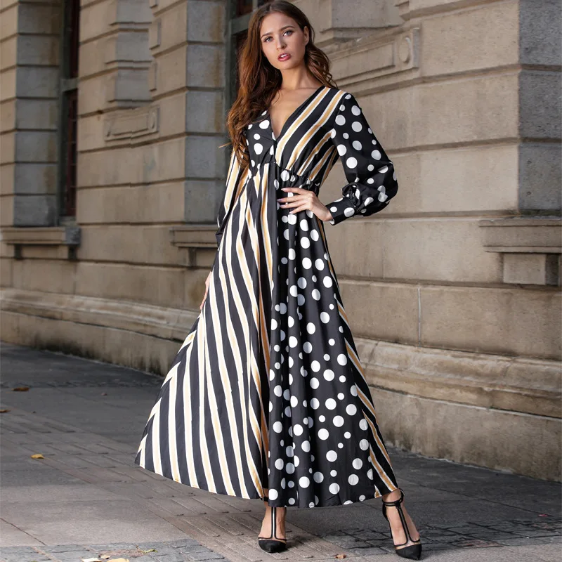 

Fashion Casual Boho Maxi Woman Dress Polka Dot Striped Vintage Beach Dresses Long Sleeve V Neck Party Vestido