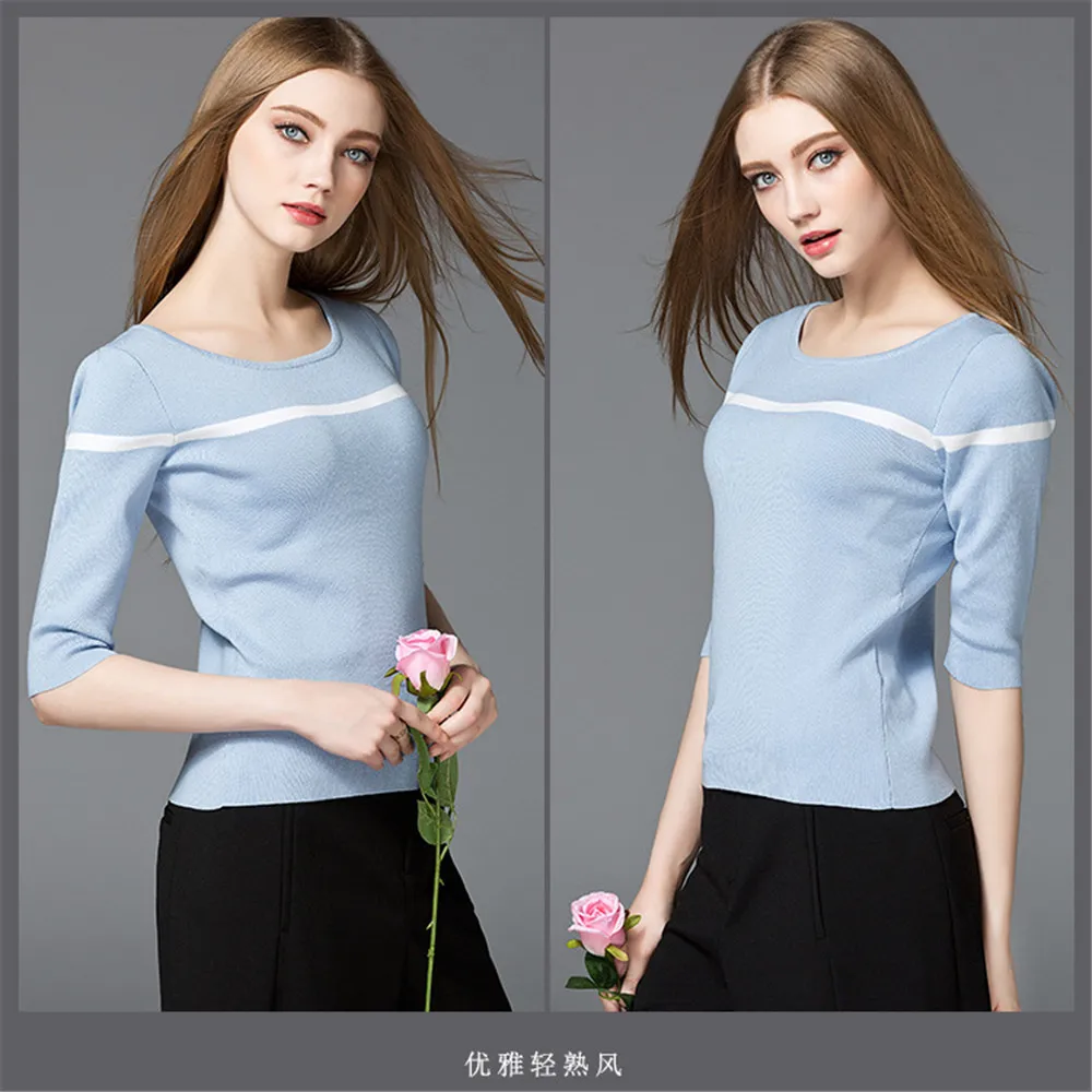 Women Knitting Shirt 2017 Spring Half Sleeve Knitted t-shirt O-neck Thin Slim Solid Shirt Top Female Basic Pullover Blouse (3)