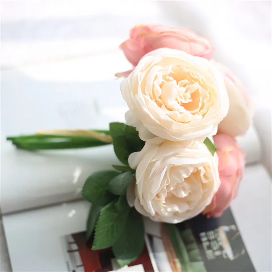 Букет роз из шелка Многослойные Искусственные цветы Яркие Искусственные Свадебные цветы ручной работы украшения дома офиса сада 5 головы