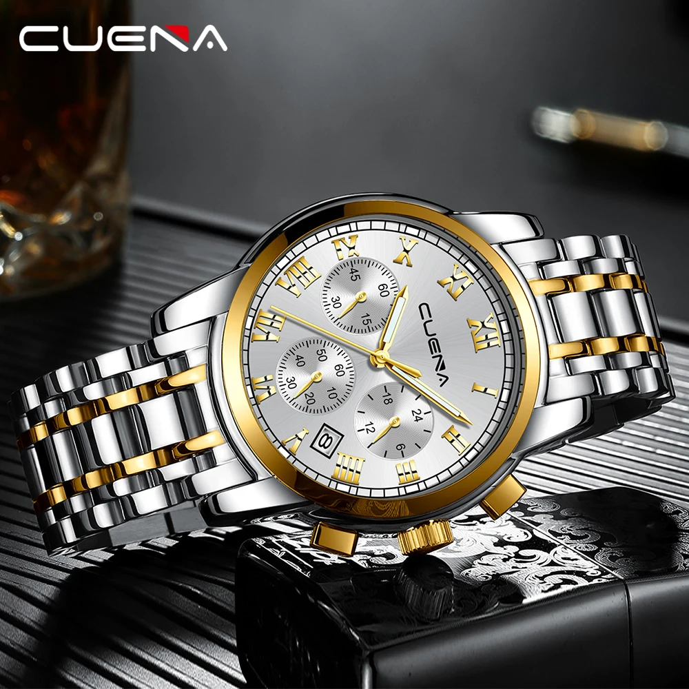 

CUENA Business Quartz Mens Watches Top Brand Luxury Stainless Steel Strap Clock Chrono 3 Dial 6 Hands Multifunction Watch Men