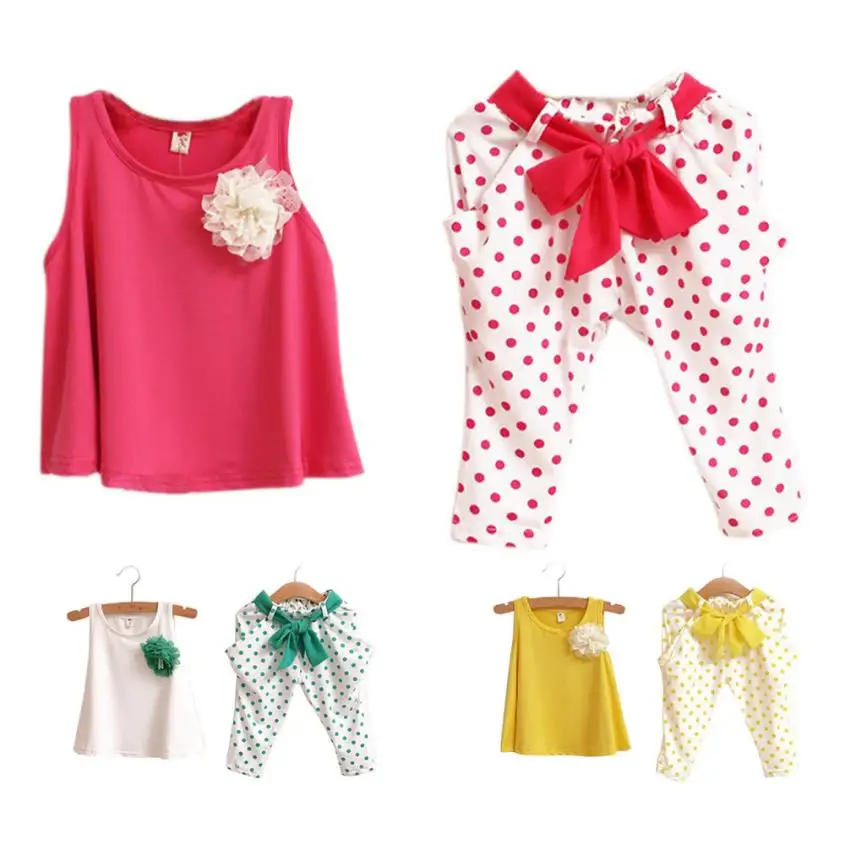 

TELOTUNY summer children girls clothing set Kids Girls Baby Gir fashion Dot Flower Set Toddler Vest Clothing a15