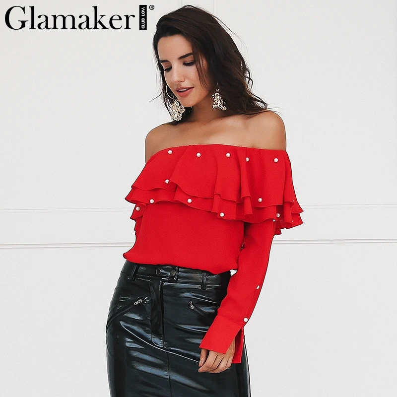 Женская блузка с открытыми плечами Glamaker Весенняя коллекция рубашка глубоким v