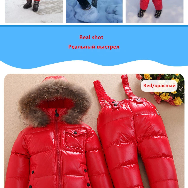 Большие пуховые куртки с воротником из натурального меха+ пуховые комплекты на подтяжках, зимний ветрозащитный пуховый комплект для мальчиков и девочек в русском стиле, детские лыжные комплекты,-40