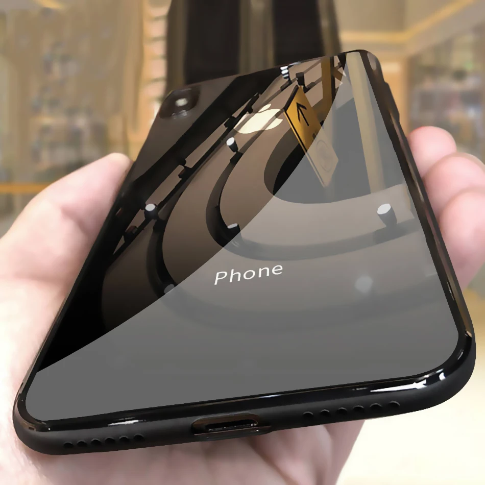 

Logo Glass Case For Apple iphone 7 8 Plus X XS XR Case Tempered Glass Back Cover TPU Edge For iphone 6 6S XS Max Cases Original