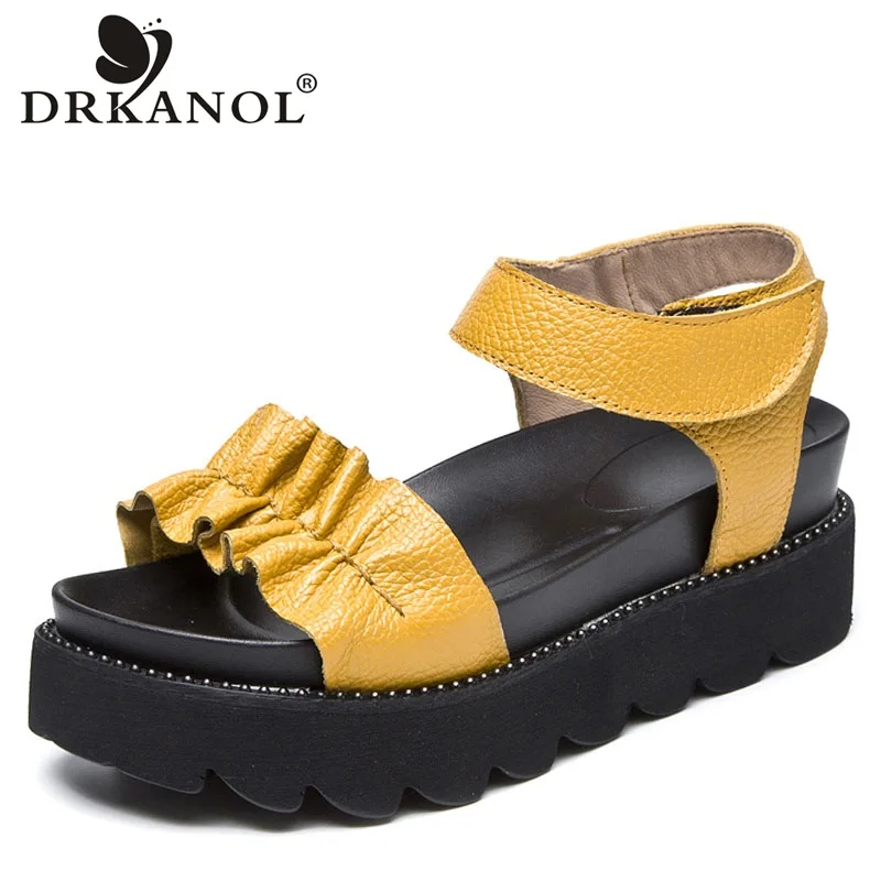 

DRKANOL New Genuine Leather Sandals Women Wedges Sandals Open Toe Pleated Rivet Women Platform Sandals Summer High heel Shoes