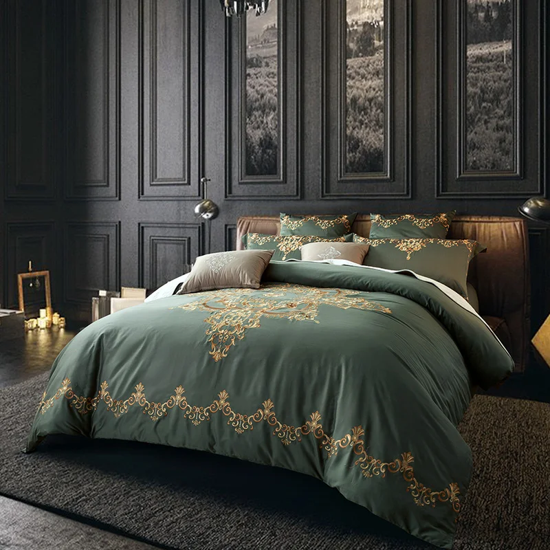 Waliicorners 60SEgyptian Cotton Embroidered Luxury Royal Bedding Set 4/6Pcs King Queen Size Duvet Cover Bed Sheet set Decorative Pillowcases 19 11
