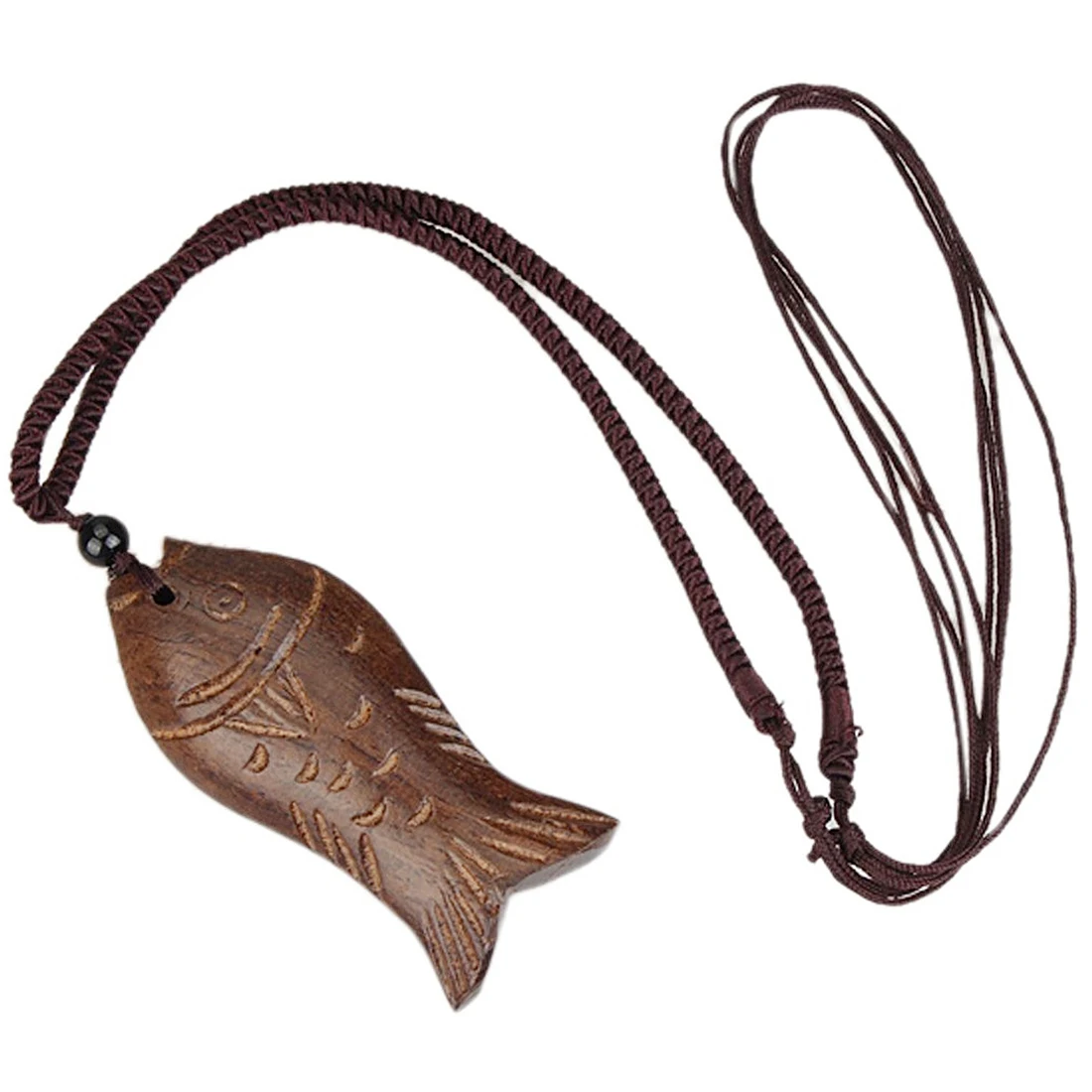 

Vintage Artificial Leather Necklace Chain Wood Lucky Fish Pendant brown