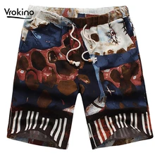 VROKINO, новинка, мужские пляжные шорты с принтом, летние дышащие удобные мужские льняные повседневные шорты с цветочным принтом, 4XL 5XL 6XL