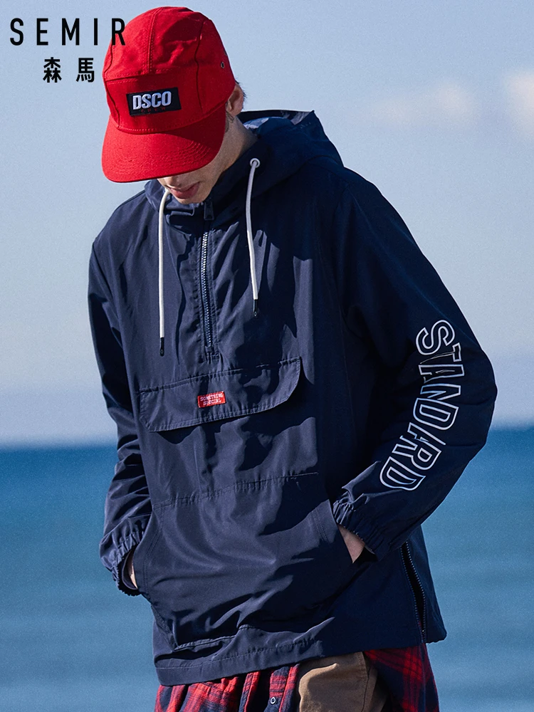 Goedkoop SEMIR Mannen Capuchon met Rits Mannen Sport Jas met Trekkoord Kap Print Jas met Kangoeroezak Zip op Side streetwear