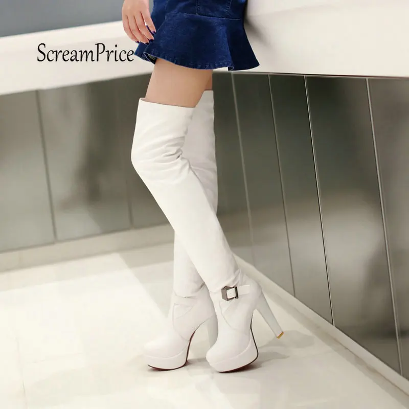

Plus Size 43 Women Chunky High Heel Over The Knot Fashion Platform Buckle Spring Fall Woman Shoes Black White Brown