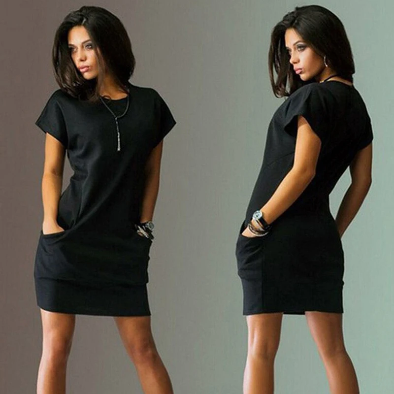 Summer Dress Women Short Sleeve O Neck Mini Dress Bodycon Pocket Loose Casual Female Dress Office Lady Work Dress Vestidos