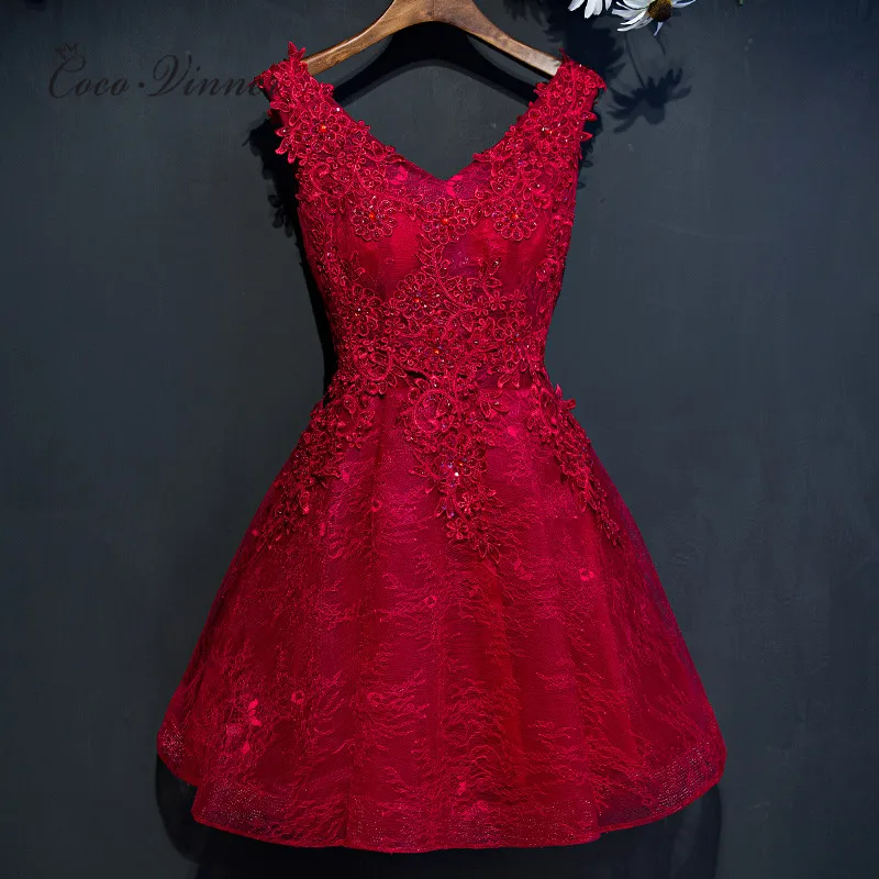 Elegant Women cocktail dresses short design tank V neck lace embroidery appliques cocktail dress robe de E0002
