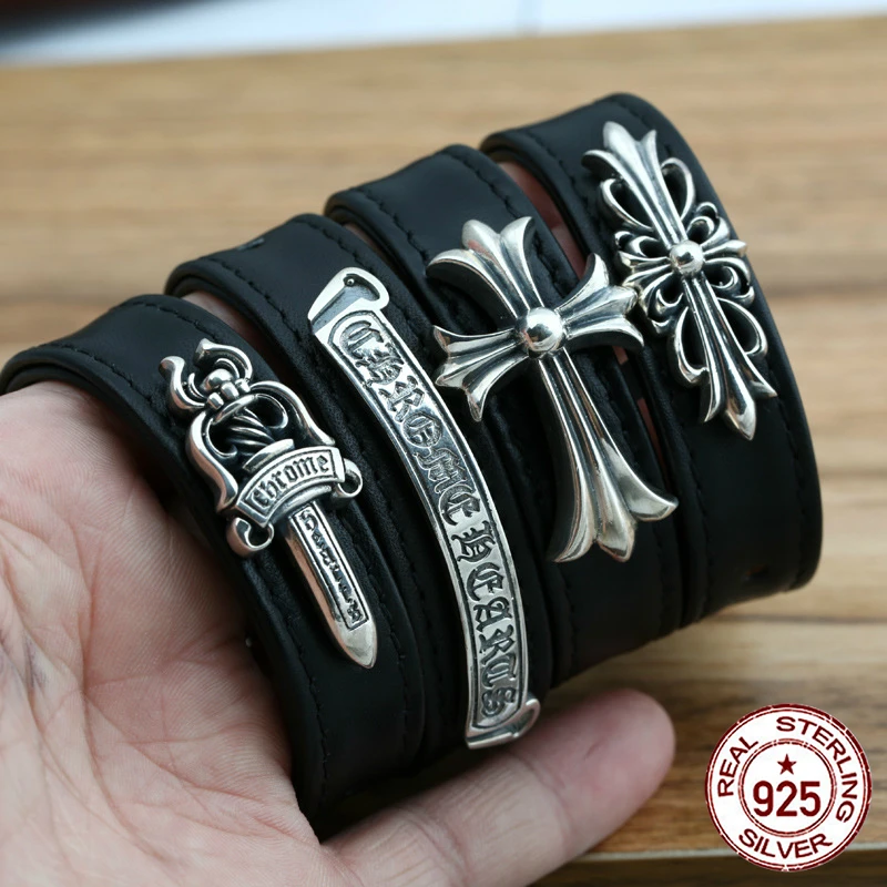 

S925 sterling silver men's bracelet personality fashion quality jewelry leather cross shape 2018 new gift to send lover